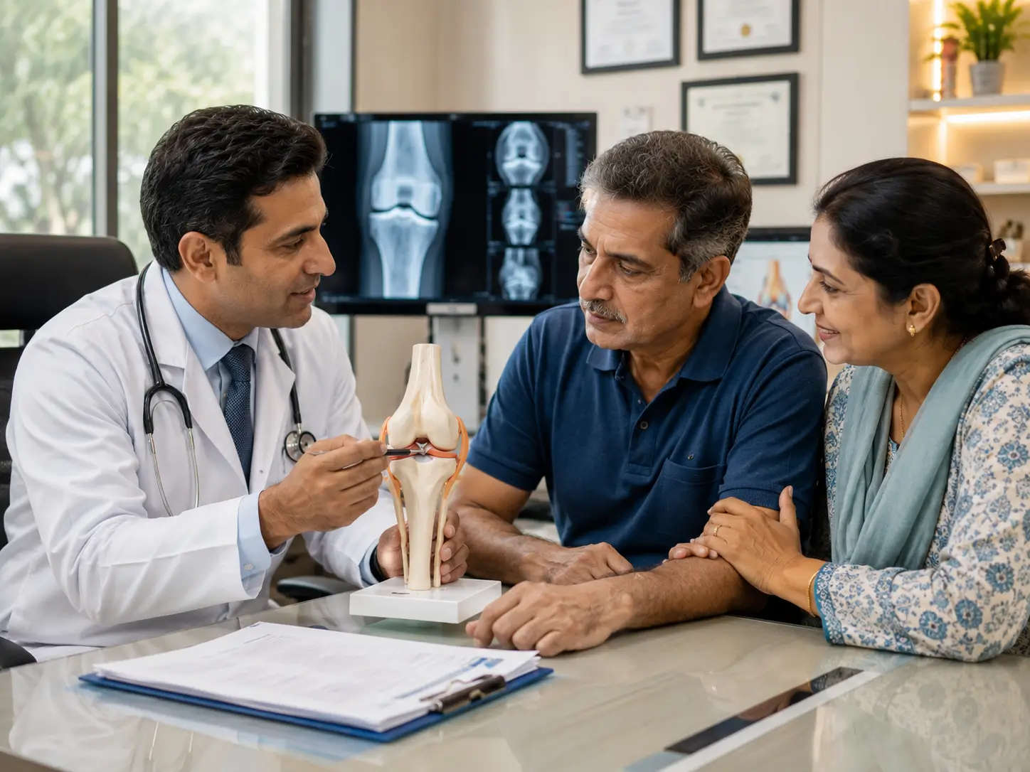Doctor explaining knee replacement options to a patient